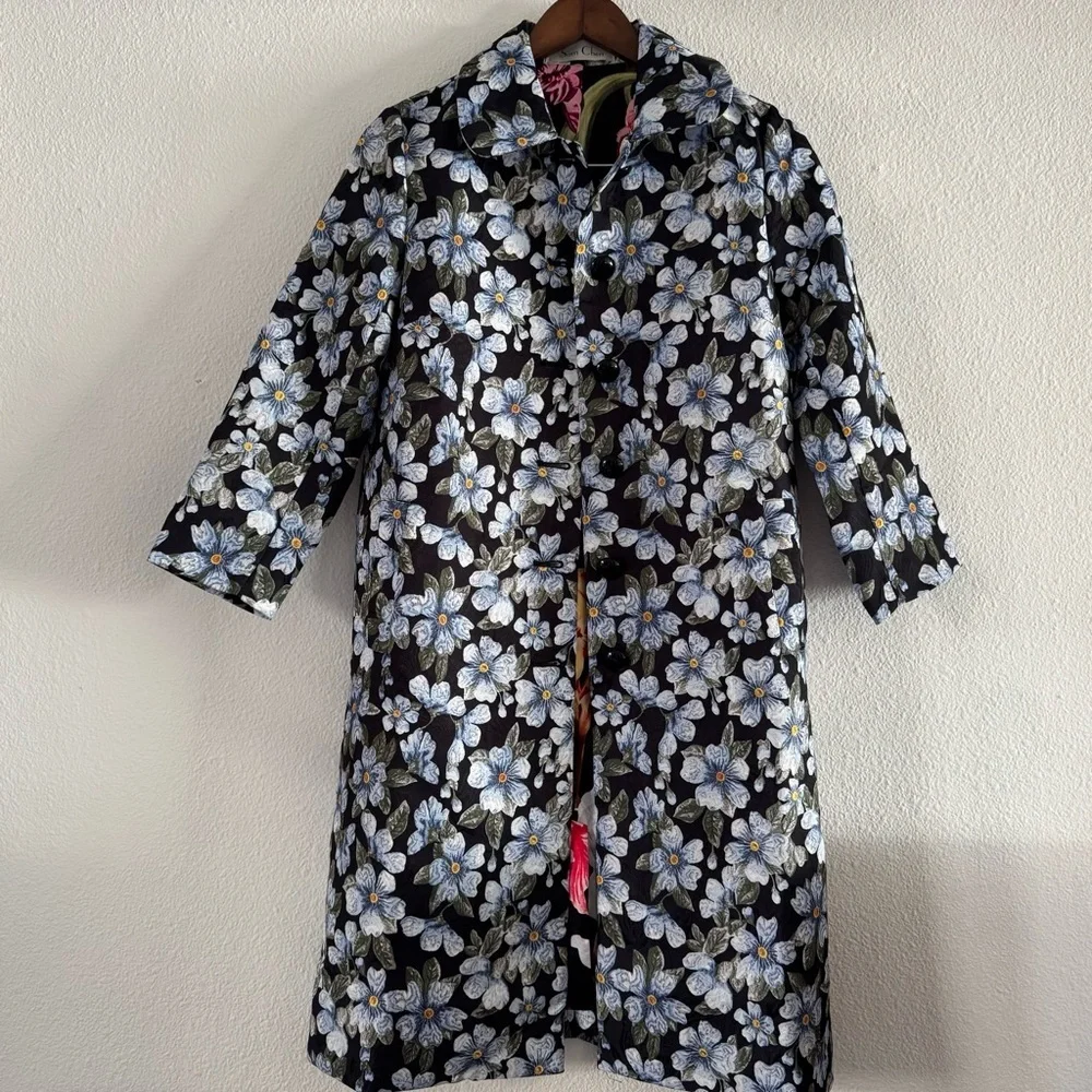 Sam Chen Brocade A-Line Coat M/L Forget Me Not Floral Designer New Dark Romance